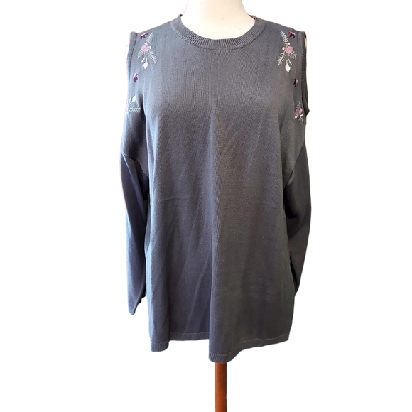 Cato Sweater 2xl Cold Shoulder Gray Floral Knit Top Shirt Blouse Sweatsh… - Picture 1 of 5